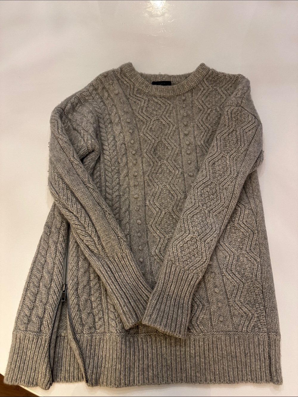J. Crew Heather Gray Cable Crewneck Sweater with side zipper